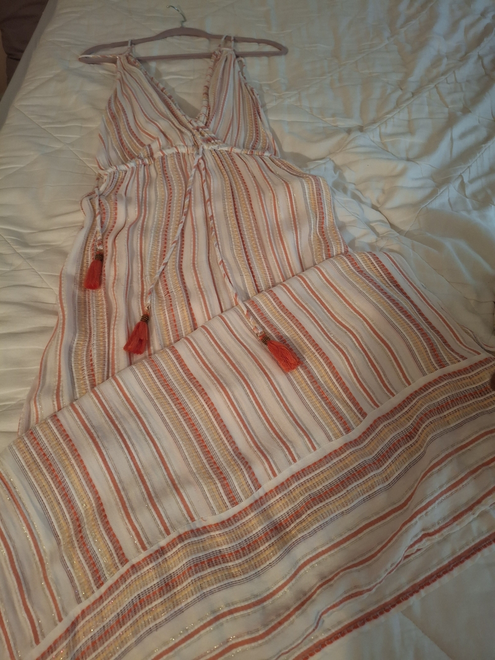 blue island Cream Striped Dress with Orange and Yellow Accents